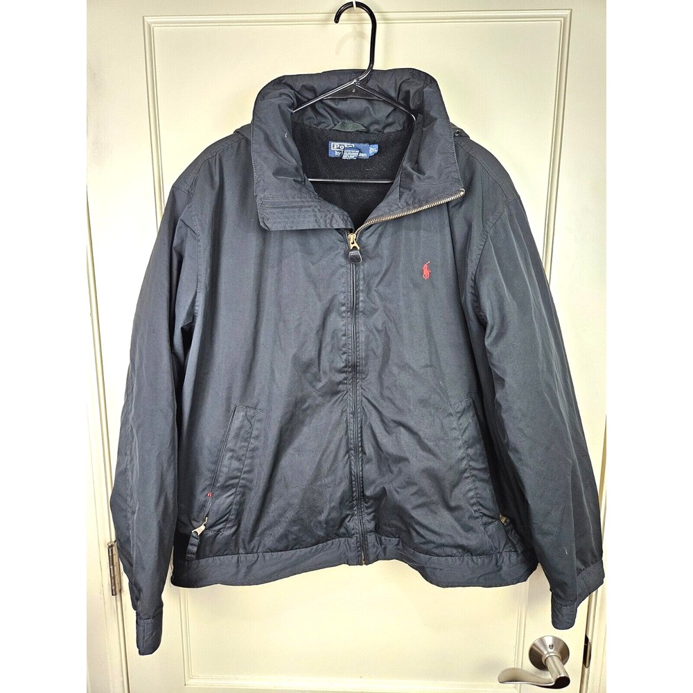 Polo Ralph Lauren Jacket Mens XL Black Full Zip Hidden Hood Fleece Lined Bomer